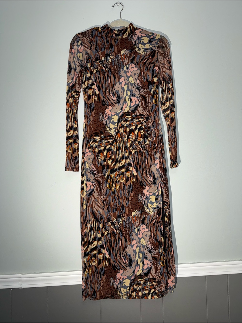 Long Sleeve Abstract Animal Print Midi Dress in Brown - Picture 2 of 9